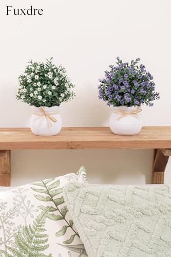 Fuxdre 2 Packs Small Fake Plants Mini Artificial Faux Plants with Flowers for Kitchen Office Home Room Farmhouse Bathroom Coffee Table Decor(Purple & White) view 6