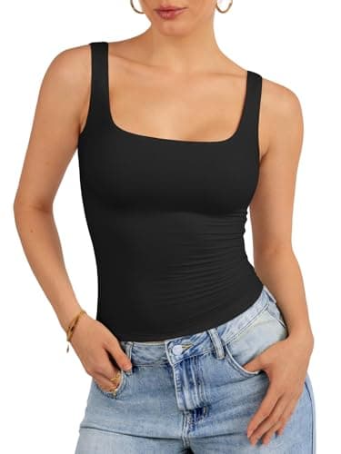 ATHMILE Womens Tank Tops Square Neck Sleeveless Double Lined Basic Going Out Tops Summer Beach Vacation Clothes 2026 Black