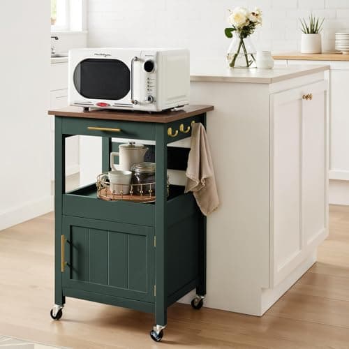 Best Choice Products Rolling Kitchen Island Cart, Single Door Cabinet W/Drawer, Sliding Tray, Outlet, Swivel Lockable Wheels, Hooks, Coffee Cart, Microwave Stand, for Dining Room - Forest Green view 2