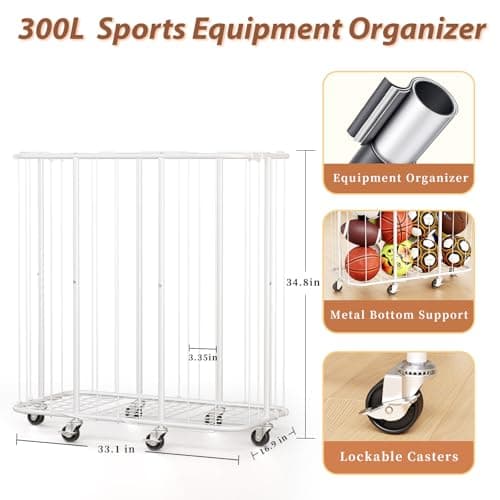YKDIRECT 250L Rolling Ball Organizer with Locking Wheels - Large Sports Storage Basket for Basketball Soccer Football Volleyball, Steel Garage Equipment Cart with Elastic Rope for Household Storage view 3