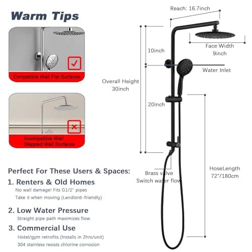 SonTiy Matte Black Rain Shower Head System with Handheld Spray, 360° Adjustable Shower Arm Exposed System with Height Adjustable Holder and 72Inch Long Shower Hose for Whole Family view 2