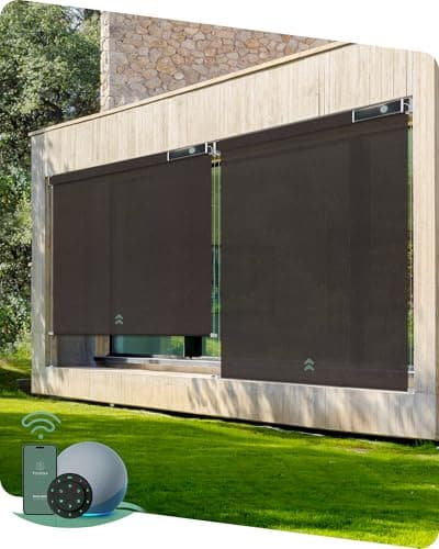 Yoolax Customized Motorized Outdoor Shades, Smart Blinds Compatible with Alexa Google, Remote Control Waterproof Blinds for Patio Porch Windows Outside (1% Openness Rich Chocolate Lover) view 1