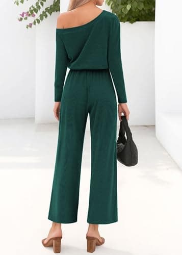 Lazysmile Jumpsuits For Women Dressy Long Sleeve Off Shoulder One Piece Wide Legs Rompers Casual Fall Outfits with Pockets view 2