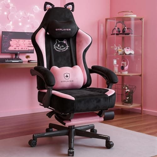 Pink Gaming Chair Cute with Cat Ears Ergonomic Computer Chair with Cat Embroidery Adjustable Memory Foam Lumbar Support and Headrest Comfortable Reclining Office Chair Soft Velvet Fabric — image 1