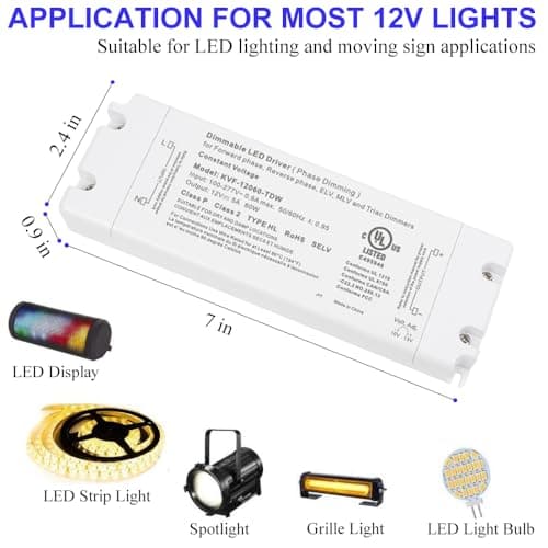 LED Driver 60W Triac Dimmable, Power Supply 100-277V AC to 12V DC, Low Voltage Transformer for Strip Lights, Compatible with Most Lutron & Leviton dimmers, UL Class 2/P Listed view 2