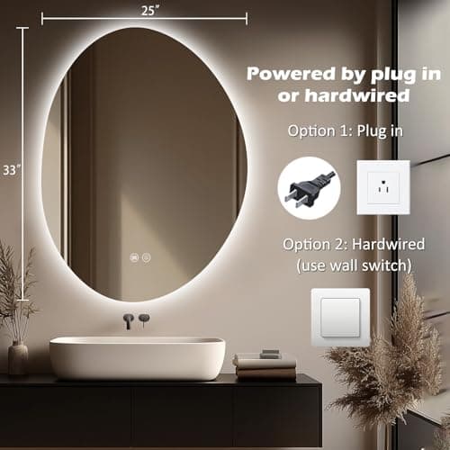 Yoding LED Bathroom Mirror with Lights 25x33 Inch, Stepless Dimmable Backlit Vanity Mirror with 3 Colors, Anti-Fog, Memory, Al-Alloy Lampshade, Frameless Smart Mirror (Horizontal/Vertical) view 2