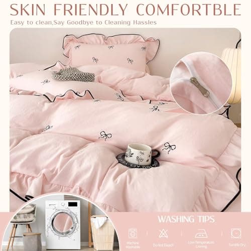 AMZTOP Pink Twin Size Duvet Cover Set with Bow,1 Duvet Cover with 2 Pillowcases,Cute Ruffled Comforter Cover with Corner Ties,3 Pcs Embroidery Aesthetic Coquette Bedding Set 68"×86" view 6