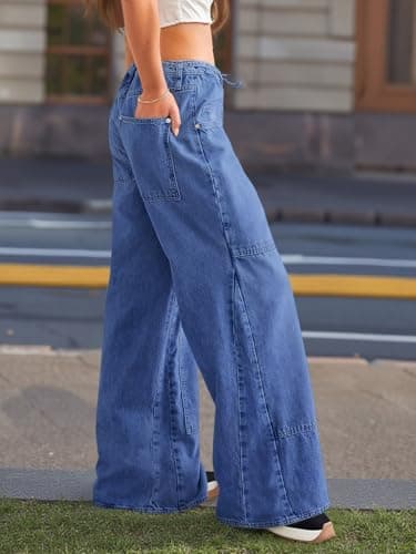Cicy Bell Womens Wide Leg Jeans Vintage Mid Rise Baggy Boyfriend Belted Denim Pants with Pockets view 3