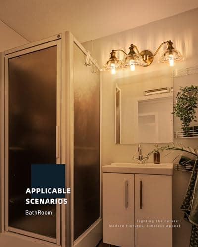 puncoll Vintage Bathroom Vanity Light Fixture - 3-Lights Bathroom Lighting Gold Finish with Flower Glass Shade - Vanity Lights Over Mirror, W2505-3-BG view 3