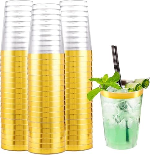 I00000 200 Pack Gold Plastic Cups, 10 OZ Clear Plastic Cups | Gold Rimmed Plastic Cups, Wine Glasses, Fancy Party Cups, Drinking Cocktail Glasses, Perfect for Party, Wedding, Reception — image 1