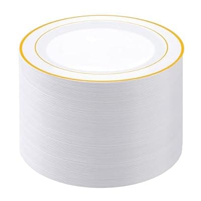 PULOTE 100PCS Gold Plastic Plates - 10 Inch White with Gold Trim Plastic Dinner Plates Disposable for Dinenr, Party, Wedding & Thanksgiving