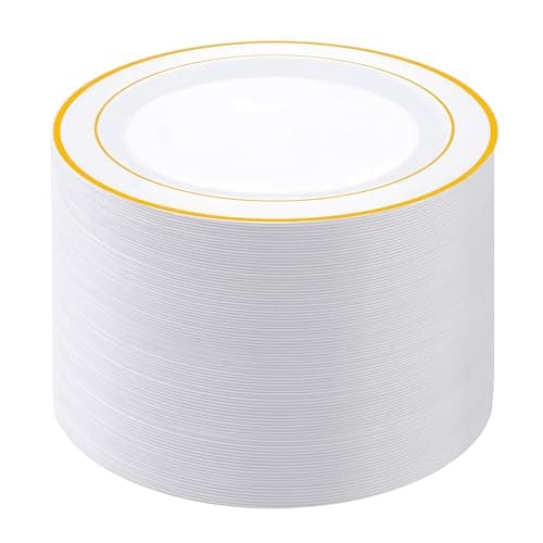 PULOTE 100PCS Gold Plastic Plates - 10 Inch White with Gold Trim Plastic Dinner Plates Disposable for Dinenr, Party, Wedding & Thanksgiving — image 1