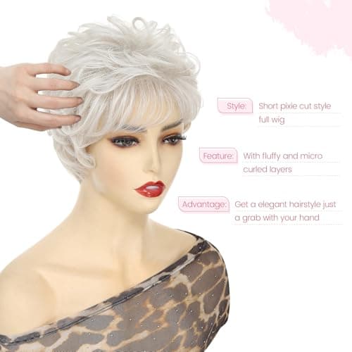 UDU Wigs for Women, Short Pixie Cut Wigs for White Women, Short Hair Wig for Older Women, Short Wigs with Bangs for Daily Wear Natural Looking Layered Wig for Elderly Women view 3