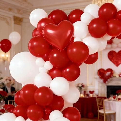 Red White Balloon Garland Arch Kit, 156Pcs White Red Latex Balloons with Heart Foil Balloons for Valentine’s Day Wedding Engagement Christmas Birthday Party Decoration view 4