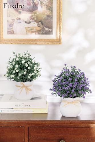 Fuxdre 2 Packs Small Fake Plants Mini Artificial Faux Plants with Flowers for Kitchen Office Home Room Farmhouse Bathroom Coffee Table Decor(Purple & White) view 7