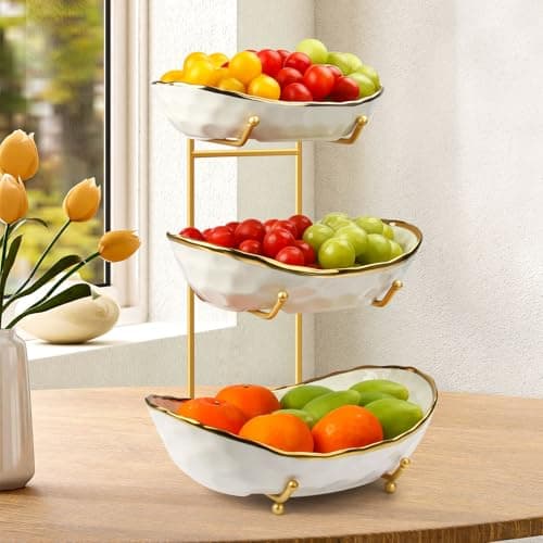 OdoVow White Fruit Bowl with Gold Metal Stand, 3 Tier Modern Ceramic Fruit Bowl Fruit Rack for Kitchen Counter, Tiered Fruit Basket for Snacks Bread Candy Storage (White,3 Tier) — image 1