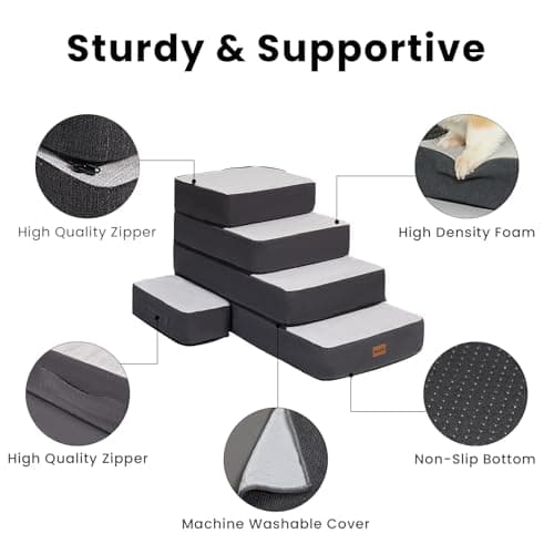 Garnpet 5-Step Adjustable Dog Stairs for High Beds, Dog Steps for Small Dogs and Cats, Foldable Pet Stairs for Bed Climbing, Non-Slip Pet Step Indoor, Grey view 6