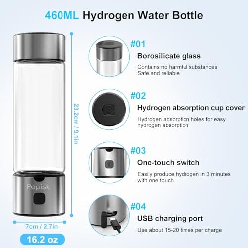 Hydrogen Water Generator Bottles, Hydrogenated Water Bottle with SPE PEM Technology, 460ml(16OZ) Hydrogen Water Bottle Generator for Home, Office, and Travel-Certified H2 Generator-Gift Box view 4
