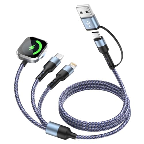 Travel Essentials Multi Charging Cable for iWatch Charger, 3in2 USB C Cable Multiple Charger Cord, USB Cord Car CarPlay Cable Compatible with iWatch Ultra/SE/10-1/iPhone 17-11/Galaxy S25-22, 5FT