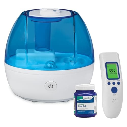 Seasonal Relief Bundle 3-Piece | Cool Mist Humidifier | Forehead Thermometer | Medicated Chest Rub | Fast Relief During Cough Cold Season | Whole Family Care