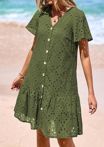 KIRUNDO Eyelet Dresses for Women 2026 Spring Summer Short Sleeve Button Down Loose Mini Babydoll Dress Beach Vacation Clothes view 7