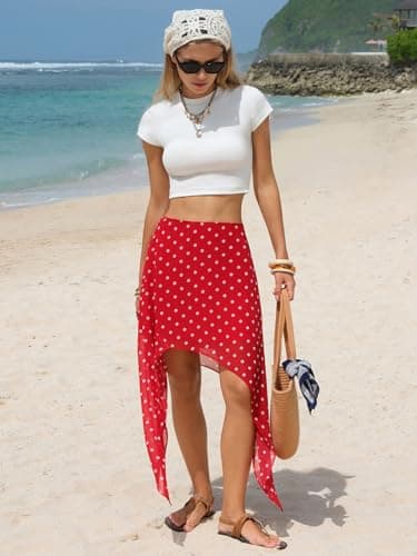 EXLURA Women Summer Boho Skirts Polka Dot Asymmetrical Midi Skirt Y2K Elastic Waist Flowy Skirts Beach Vacation Cover Ups view 6