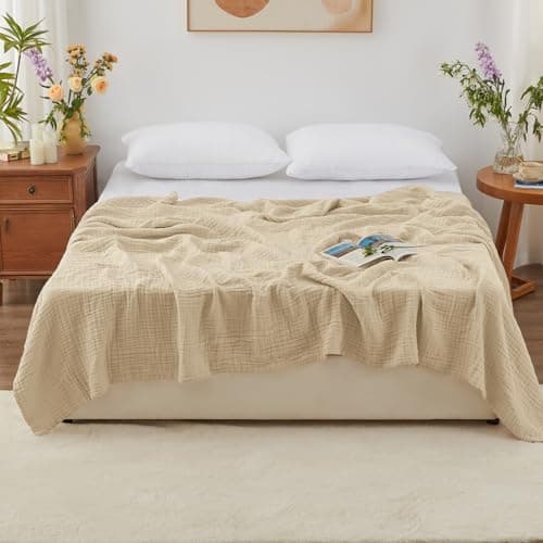 Love's cabin 100% Cotton Muslin Blanket, 6 Layer Lightweight Breathable Gauze Queen Size Blanket 90 x 90 Inches, Soft All Season Blanket for Bed, Khaki view 2
