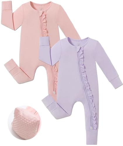 JunNeng Baby Girl Viscose from Bamboo Sleeper with Mitten Cuffs, 2 Way Zipper Romper, Sleep N' Play Pajamas Purple+Pink 0-3 Months
