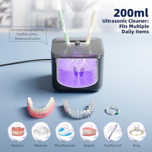 Ultrasonic Retainer Cleaner Machine, Denture Cleaner for Aligners Night Guards Braces Mouth Guards Toothbrush Heads，All-in-One Dental & Jewelry Cleaner, 45kHz 200ML, Dual Modes view 4