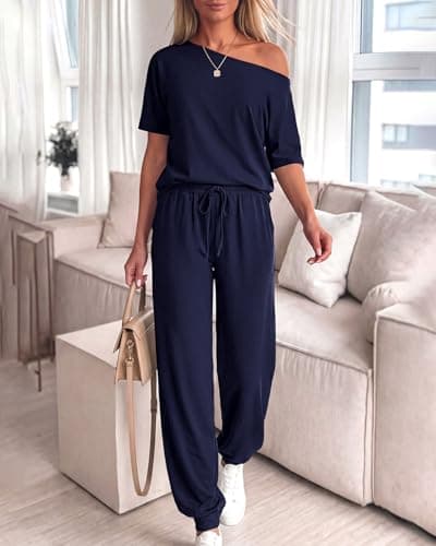Zenlonr Women Summer 2 Piece Outfits 2026 Off Shoulder Short Sleeve Tops Elastic Waist Drawstring Long Pants Tracksuit view 5