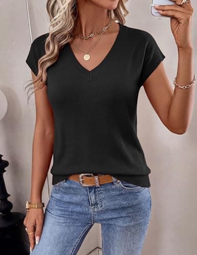 LaGracia Short Sleeve Sweater for Women V Neck Wool Blend Cashmere Cropped Sweaters Business Casual Work Tops Summer Outfits view 2