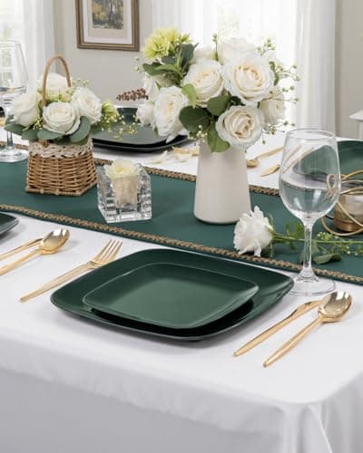 PULOTE 100PCS Green Plastic Plates - Green Square Disposable With Gold Rim - Include 50 Dinner 10inch, 50 Dessert 7.25inch Plates for Party&Christmas view 4