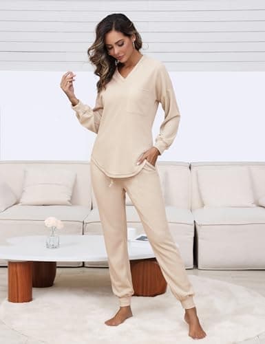 Womens Pajama Sets Waffle Knit 2 Piece Lounge Sets Sleepwear Loungewear Pjs Long Sleeve Maternity Postpartum Pajamas view 3