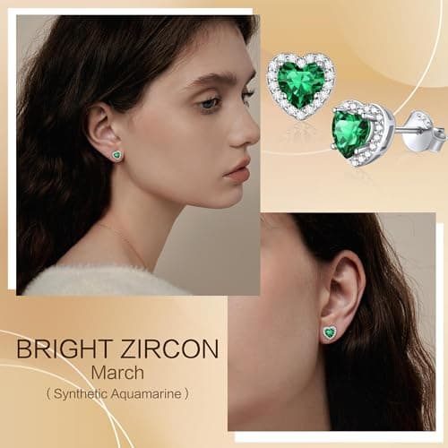 BAYLAY Birthstone Earrings for Women, S925 Sterling Silver Earrings Heart Birthstone Stud Earrings with Cubic Zirconia Birthday Jewelry Mothers Day Gifts for Women Mom Grandma view 4