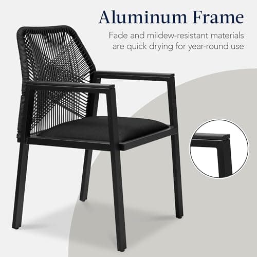Best Choice Products Outdoor Dining Arm Chair Set of 2, Aluminum Frame with Armrest, All-Weather Woven Rope Chair Design - Black/Obsidian view 6