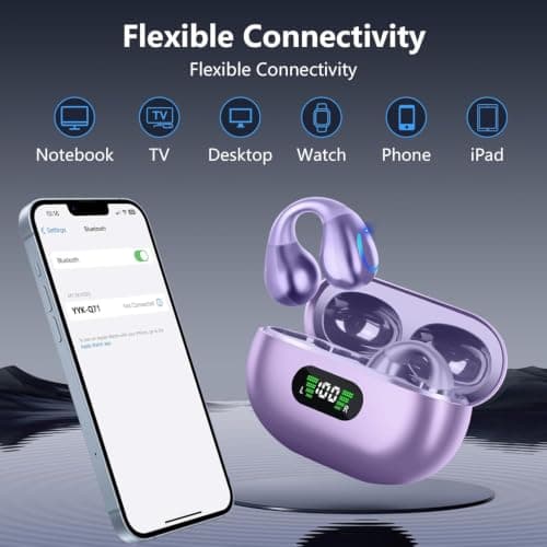 Open Ear Headphones Bluetooth 6.1 Wireless Comfort Clip On Earbuds Purple | Bone Conduction with Digital Display Charging Case Sport Earphones Built-in Mic Waterproof for Running Fitness Exercise view 6
