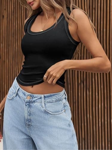 Tankaneo Womens Summer Ribbed Tank Top Casual Ringer Scoop Neck Sleeveless Knit Fitted Tops Going Out Tee Shirts view 2