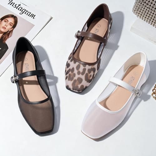 ATHMILE Women's Leopard Mesh Flats for Women Mary Janes Shoes Women Square Toe Ballet Flats with Adjustable Strap, Slip-On Comfortable Casual Dress Shoes for Office, Date Night and Daily Wear view 3