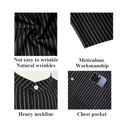 BAYAMO Men's Banded Collar Stripe Shirt, Linen Cotton Mandarin Collar Long Sleeve Button Down Shirts Collarless Tops view 5