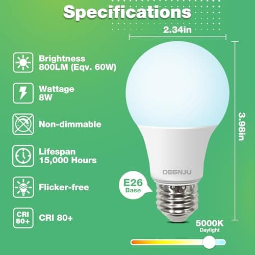 DEGNJU LED Light Bulbs 60W Equivalent, A19 Light Bulb Daylight 5000K 800LM 8.5 Watt, Non-Dimmable Standard Light Bulbs E26 Medium Base, 24 Pack view 2