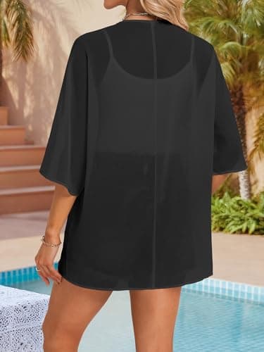 GKBK Women Floral Print Puff Sleeve Kimono Cardigan Loose Swimsuit Beach Cover Up Casual Blouse Summer Tops Capes view 3