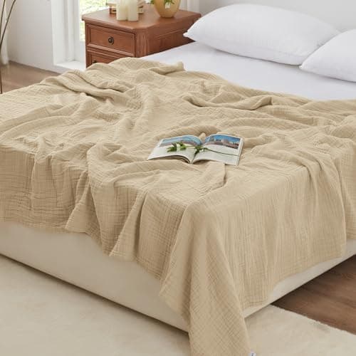 Love's cabin 100% Cotton Muslin Blanket, 6 Layer Lightweight Breathable Gauze Queen Size Blanket 90 x 90 Inches, Soft All Season Blanket for Bed, Khaki view 1