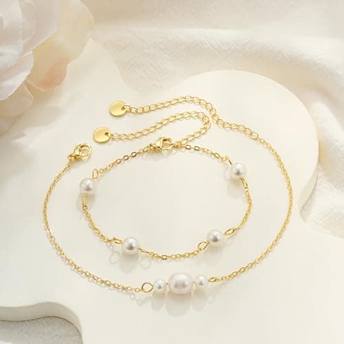 Fezodo Pearl Bracelets for Women, Dainty 18K Gold Plated Pearl Beaded Bracelet Stack Trendy Thin Link Chain Charm Bracelets Set Wedding Bridesmaid Mother Gifts Jewelry for Women view 7