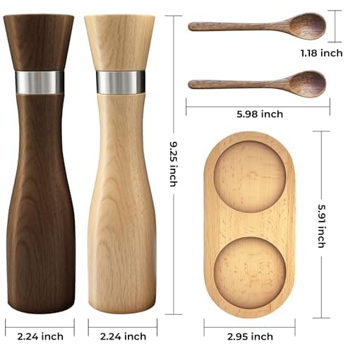 Wooden Salt and Pepper Grinder Set:Premium Beech Wood Manual Mills,9" 5PC with Tray & Spoons,Adjustable Ceramic Core,Refillable,Non-Slip Base-Kitchen Counter Decor view 3