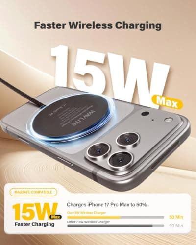 10FT Magnetic Wireless Charger Charging Pad - 15W Fast Phone Charger for Apple iPhone 17 16 15 14 13 12 Series & AirPods 4 3 2 Pro, Phone Charging Pad with Plug for Desk & Travel, 2Pack Black view 2