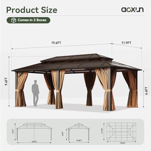 Aoxun 12'x20' Hardtop Gazebo, Aluminum Frame Permanent Pavilion with Curtains and Netting, Outdoor Polycarbonate Double Roof Canopy, Designed for Garden, Lawns, Patio view 2