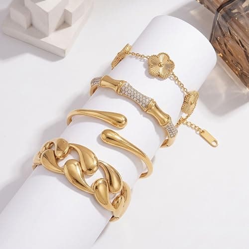 Womens Stackable Floral Gold Bracelets - 4Pcs 18K Gold Plated Bracelet,Stainless Steel Bangle Bracelets Non Tarnish,Gold Bracelet Set Fashion Jewelry,Valentines Birthday Christmas Jewelry Gifts view 5