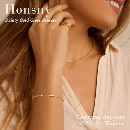 Honsny Mothers Day Gifts Cross Bracelets for Women Trendy 18K Gold Plated Bracelet Christian Baptism Friendship Religious Easter Sister Bracelet Best Friend Birthday Gifts for Women Bestie Jewelry view 2