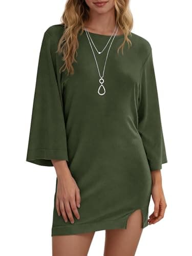 Wenrine Womens Summer T Shirt Dress Casual 3/4 Sleeve Crewneck Slit Loose Shift Mini Dresses — image 1