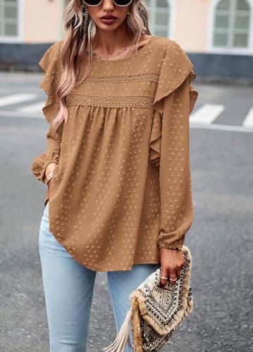 PRETTYGARDEN Women's Long Sleeve Shirts Ruffle Swiss Dot Crochet Loose Fit Tunic Dressy Casual Tops Blouses Spring Fashion view 6